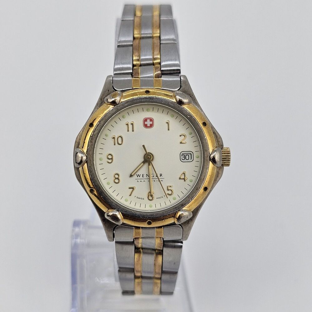 Wenger Women's Watch 30MM White Dial Day Two Tone Bracelet Band 6.5" New Battery